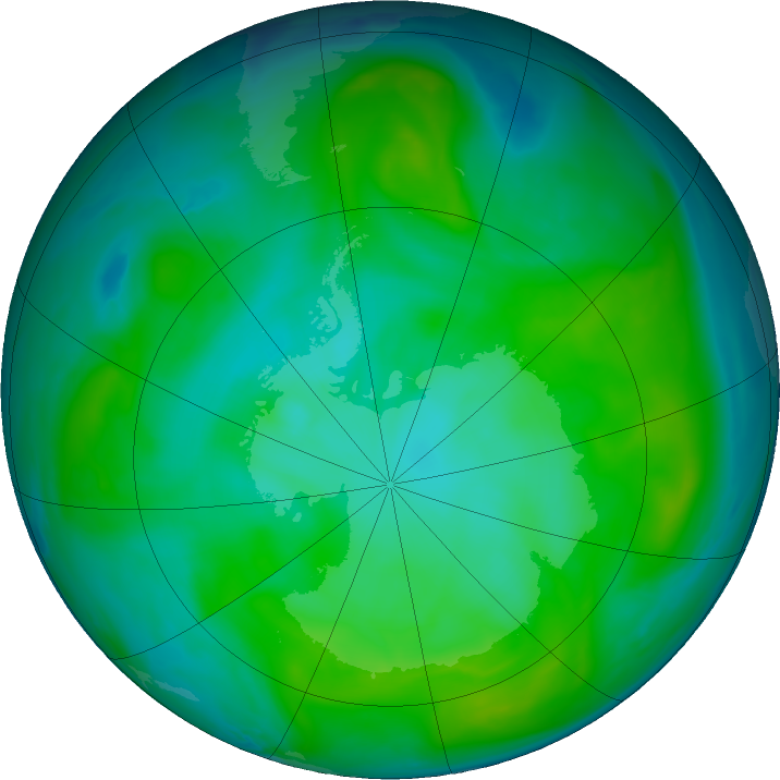 Antarctic ozone map for 16 January 2020